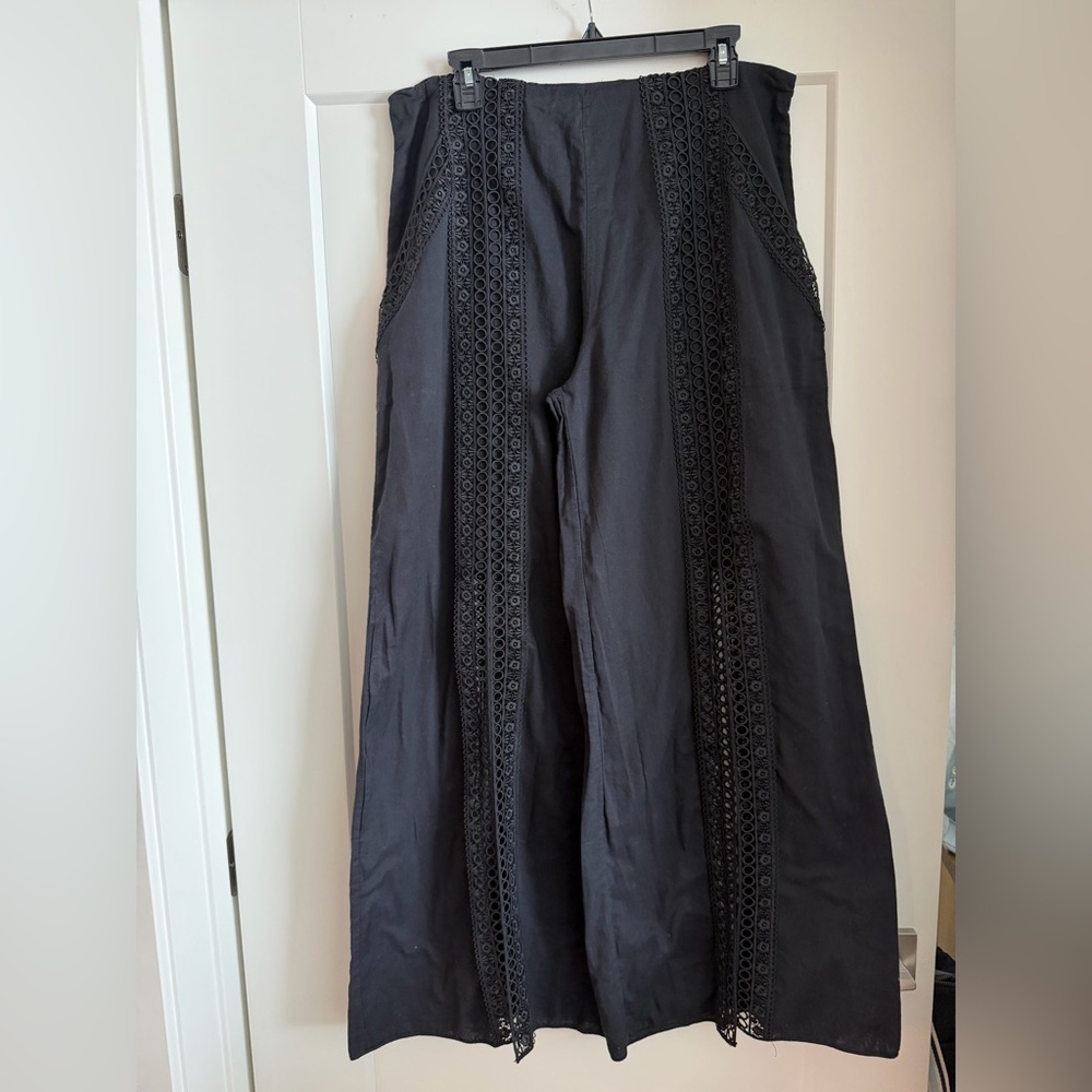 Charo Ruiz Lace-Trimmed Cotton Voile Wide Leg Pants, Black, Size XL - Picture 3 of 8